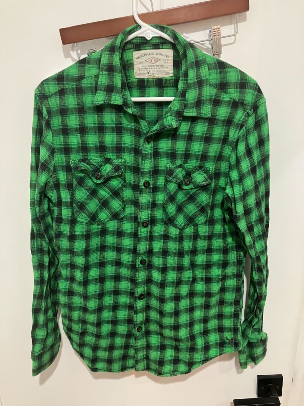 American Eagle Vintage Flannel Shirt Mens Medium Green Black Plaid Buffalo Check